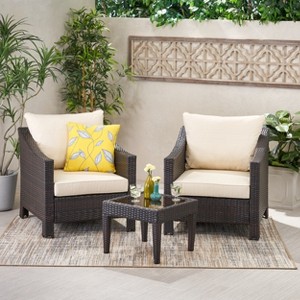 GDFStudio Vincent Outdoor Wicker 3 Piece Chat Set with Cushions - 1 of 4