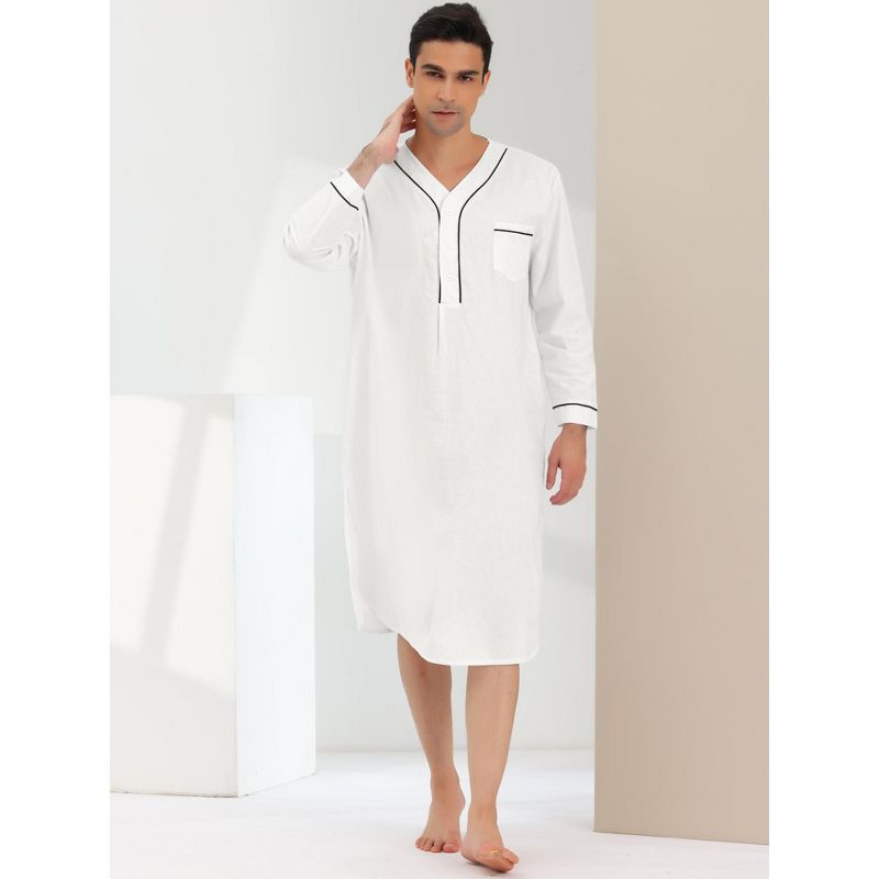 Lars Amadeus Men's Cotton Long Sleeves Chest Pocket Henley One Piece Nightgown, 2 of 6