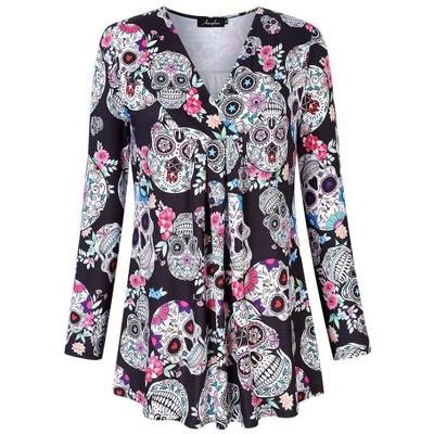 Women's Plus Size Long Sleeve V Neck Tunic Tops Pleated Flowy Tee Shirt Causal Loose Blouse, Sugar Skull, 3XL