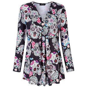 Women's Plus Size Long Sleeve V Neck Tunic Tops Pleated Flowy Tee Shirt Causal Loose Blouse, Sugar Skull, 5XL - 1 of 4