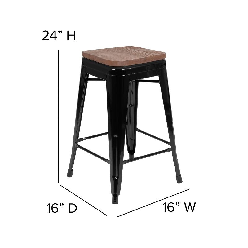 Flash Furniture 24" High Metal Counter-Height, Indoor Bar Stool with Wood Seat - Stackable Set of 4, 5 of 12