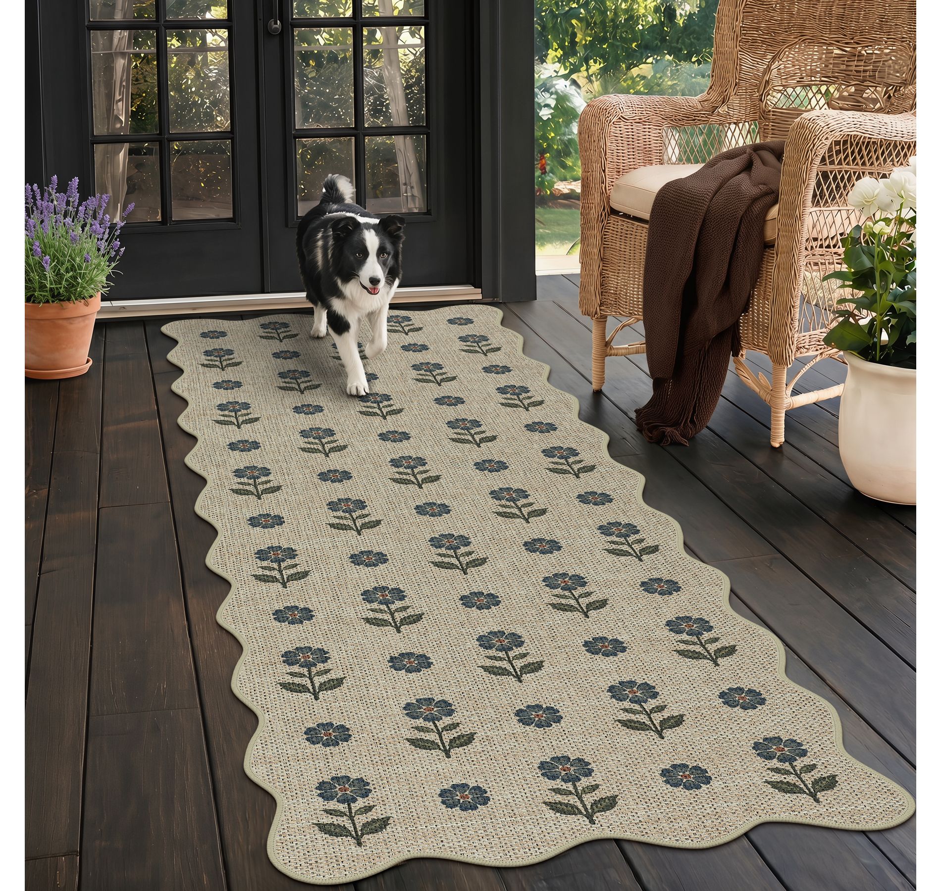 Lantine Scalloped Easy Jute Patio Rug for Entryway, Washable Non-Slip Floral Rug for Kitchen Porch Front Door Indoor Outdoor