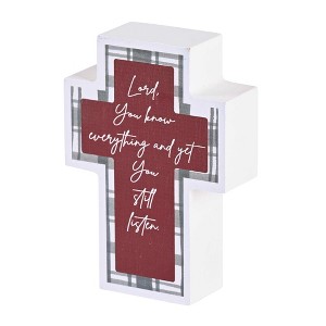 Dicksons TPLKC34-112 You Know Everything and Yet You Still Listen Faith Themed White, Red, and Grey Plaid Accent 3 x 4 Wood Distressed Cross Shaped - 1 of 1