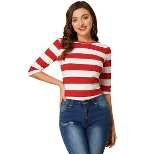 INSPIRE CHIC Women's Elbow Sleeves Boat Slim Fit Casual Stripe Animal Print Multi Floral Pattern T-Shirt - 1 of 4