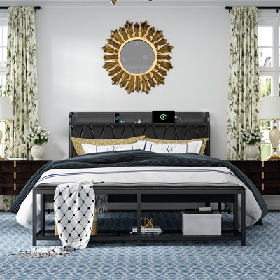 VECELO Queen Size Upholstered Bed Frame with Storage End of Bed Bench, Platform Bed with Headboard & Charging Station, Black