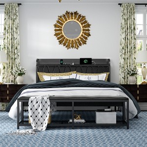 VECELO Queen Size Upholstered Bed Frame with Storage End of Bed Bench, Platform Bed with Headboard & Charging Station, Black - 1 of 4