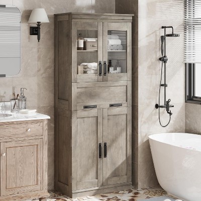 Acekool Tall Storage Cabinet with Double Doors, Adjustable Shelves & Drawer, Glass Accent for Bathroom, Living Room, Kitchen