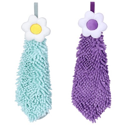 REGALWOVEN Chenille Soft Absorbent Flower Hanging Hand Towels for Bathroom 2 Pcs