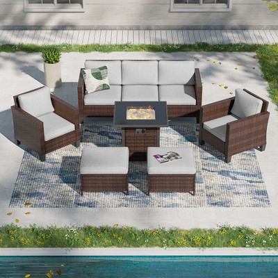 Sonkuki 6 Pieces Patio Sofa with Square Fire Pit Table and Ottomans, Wicker Conversation Couch,  Navy Blue Cushion
