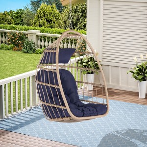 CAVINAS Egg Rattan Outdoor Swing Chair,Wooden Porch Swing for Farmhouse, Courtyard,Apartment,100% Hand Woven - 1 of 4
