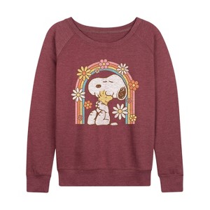Women's - Peanuts - Retro Flower Rainbow Lightweight French Terry Wide Neck Long Sleeve Shirt - 1 of 4
