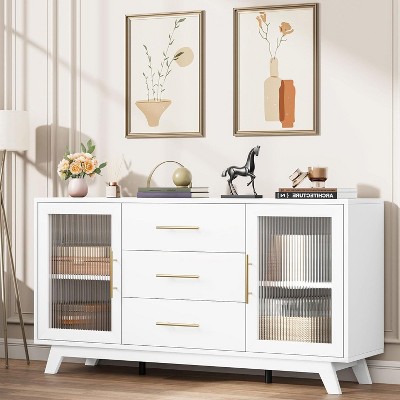 56" Modern Sideboard Buffet Cabinet with Drawers, Fluted Glass Doors, Adjustable Shelves Storage Unit for Kitchen