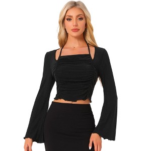 INSPIRE CHIC Women's Flounce Long Sleeve Ruched Tie Back Lightweight Crop Top - 1 of 4