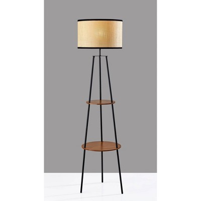 Black Metal Floor Lamp with Walnut Shelves and Rattan Shade