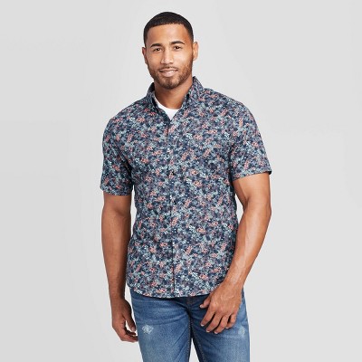 Men's Floral Print Slim Fit Stretch Poplin Short Sleeve Button-down ...