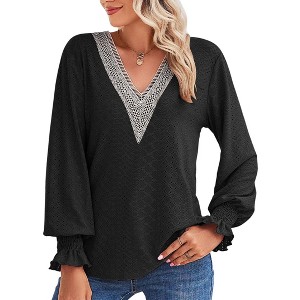 Womens V Neck Blouse Long Sleeve Lace V Neck Ruffled Sleeve Tops Tunic Blouse Long Sleeve T-Shirts,Black - S - 1 of 4