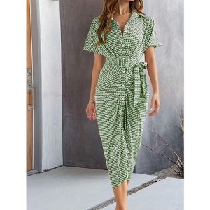 Coolmee Women Casual Elegant V-neck Button High Waist Tie Short Sleeve Wrap Midi Dress - 1 of 4