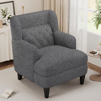 Lyngins Classic Teddy Fleece Accent Chair with Tufted Backrest, Ergonomic Upholstered Armchair with Birch Legs, Sofa Chair for Living Room, Bedroom