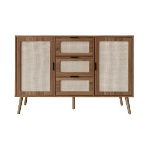 Storage Cabinet With Rattan Doors, Rattan Sideboard Cabinet With 2 Doors 3 Drawers, Freestanding Storage Cabinet For Living Room & Hallway - 1 of 4