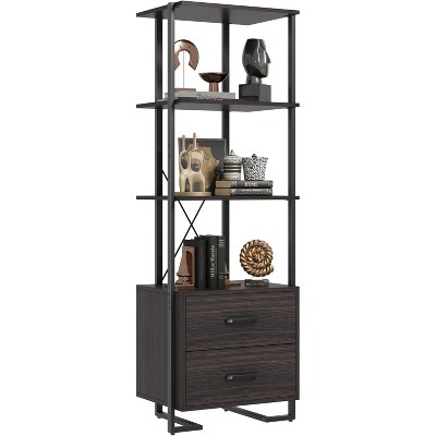70.9" Tall Industrial 4-Tier Bookshelf with Storage Drawers - Metal Frame Open Shelf Bookcase for Home and Office Organization