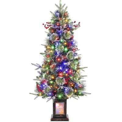 Clearance! Artificial Pre-Lit Christmas Tree with Deer Lightbox, Vintage Potted Base, Snow Flocked, Easy Setup