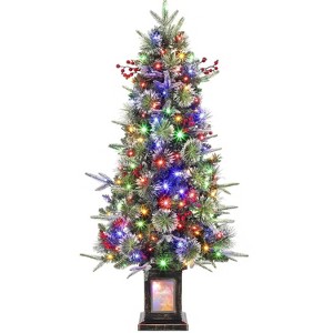 Clearance! 3 FT Artificial Pre-Lit Christmas Tree with Deer Lightbox, Vintage Potted Base, Snow Flocked, Easy Setup - 1 of 4