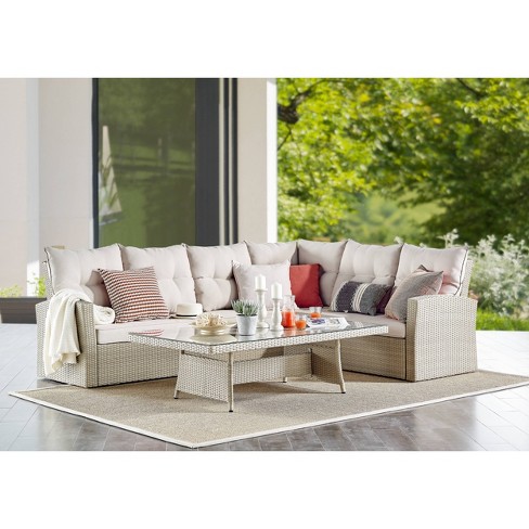 Canaan 2pc Outdoor Wicker Corner Sectional Seating Set Cream Alaterre Furniture