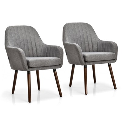 Tangkula Modern Dining Chairs Set of 2 Upholstered Kitchen Chairs with Rubber Wood Legs Thick Sponge Seat Non-Slipping Pads Arm Accent Chairs Gray