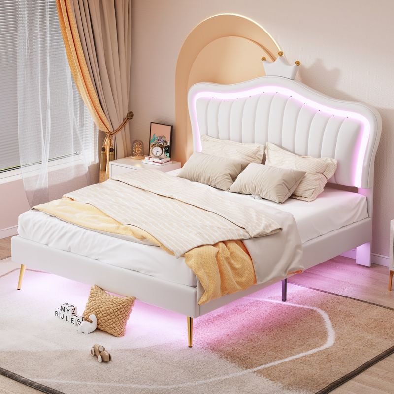 Queen/Full Size Upholstered Platform Bed Frame with LED Lights, Princess Bed with Crown Headboard-ModernLuxe, 2 of 14