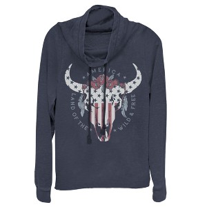 Juniors Womens Lost Gods Fourth of July  Wild & Free Skull Cowl Neck Sweatshirt - 1 of 3