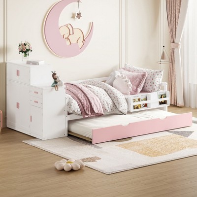NicBex Twin Size Multifunctional Wood Platform Bed, Trundle Bed with Sample Bookshelf and Movable Wardrobe, Space-Saving Design for Bedroom