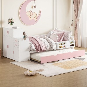 NicBex Twin Size Multifunctional Wood Platform Bed, Trundle Bed with Sample Bookshelf and Movable Wardrobe, Space-Saving Design for Bedroom - 1 of 4