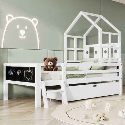 ONWITH Twin Size House Bed with Ladder and Storage Drawers for Kid Bedroom