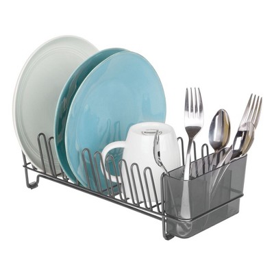 mDesign Steel Compact Modern Dish Drying Rack w/ Cutlery Tray - Black/Smoke  Gray