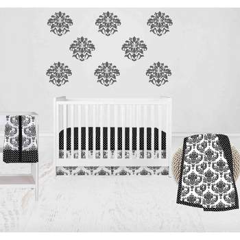 Bacati - Classic Damask Black/Grey/White 4 pc Crib Bedding Set with Diaper Caddy