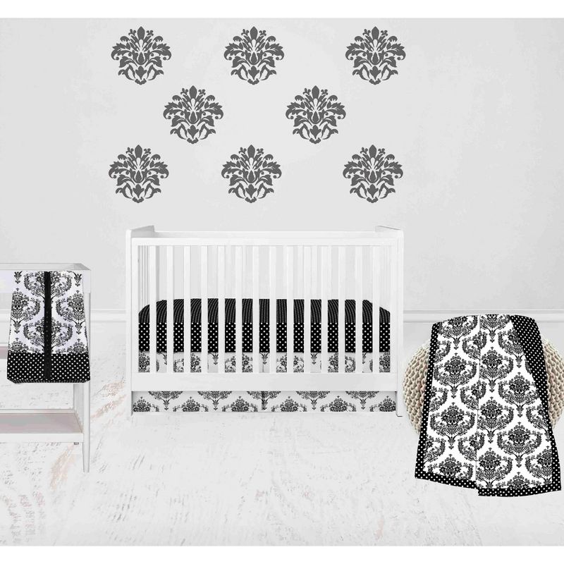 Bacati - Classic Damask Black/Grey/White 4 pc Crib Bedding Set with Diaper Caddy, 1 of 10
