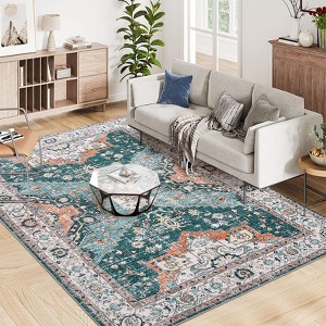 Washable Rug Vintage Floral Distressed Rug Soft Foldable Stain Resistant Non-Slip Indoor Carpet for Bedroom Living Room - 1 of 4