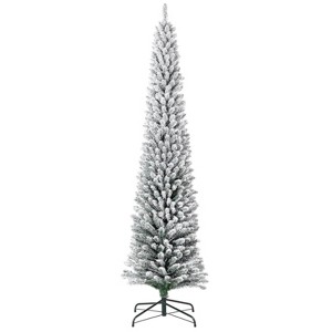 Pre-Lit Snow Flocked Pencil Christmas Tree with Warm White Lights, Slim Artificial Tree with Hinged Metal Stand for Holiday Decor, White - 1 of 4