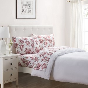 Kate Aurora Holiday Essentials Cozy Bed Collection Deep Pocket 100% Cotton Flannel Red Christmas Toile 4 Piece Sheet Set - 1 of 3