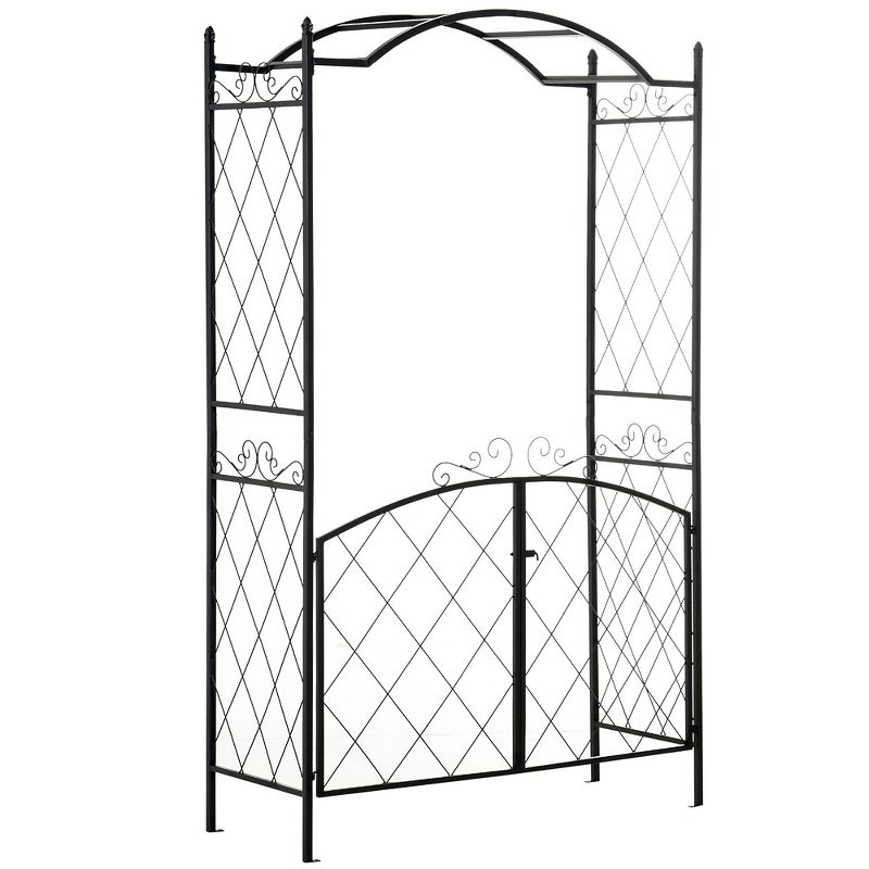 Outsunny 85'' Metal Garden Arbor with Gate, Outdoor Steel Arch with Scrollwork for Climbing Vines, Ground Mountable Columns, 1 of 9