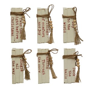 Storied Home 6-Piece Wood Block Faux Books with Holiday Saying, Wood Beads and Jute Tie, White and Red - 1 of 3