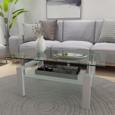 NicBex 39.37" Glass Coffee Table with Metal Frame,Clear Coffee Table with Shelf,Rectangular Glass Side Table,Center Table for Living Room,Study