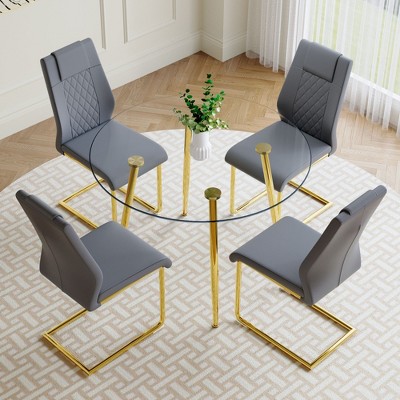 NicBex Dining Table Set for 4 Kitchen Table Round Clear Glass Dining Table Metal Table Legs 4 PU Comfort Dining Chairs