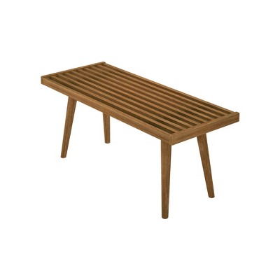 Mid-Century Pecan Solid Wood Entryway Bench with Slatted Design