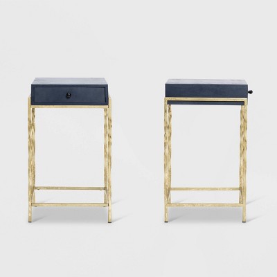 Navy Blue Mango Wood Accent Table with Gold Metal Frame