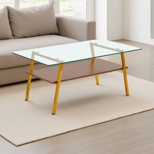 35.43" Glass Oval Coffee Table with Oak Legs - 1 of 4