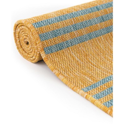 Yellow and Aqua Striped Outdoor Rectangular Rug 4' x 6'