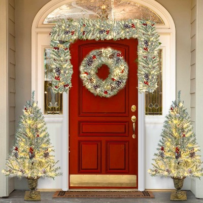 4FT Pre-lit Xmas Tree Artificial Christmas 4-Piece Set with Garland, Wreath and 2 Entrance Trees with LED Lights-The Pop Home