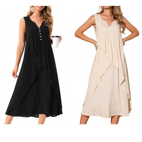 Женские платья INSPIRE CHIC Women's Summer Sleeveless V Neck Button Decor Flowy Maxi Tank Beach Dress Apricot Small 2 Packs Apricot/Black Small