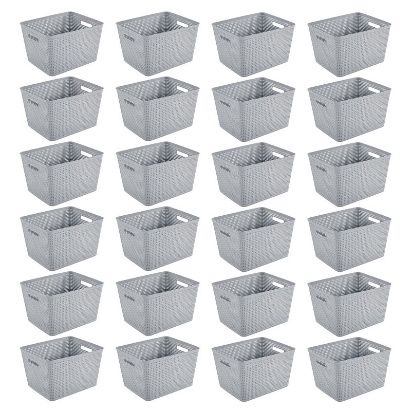 Sterilite 14"Lx8"H Rectangular Weave Pattern Tall Basket w/Handles for Bathroom, Laundry Room, Pantry, & Closet Storage Organization, Cement (24 Pack), 1 of 7